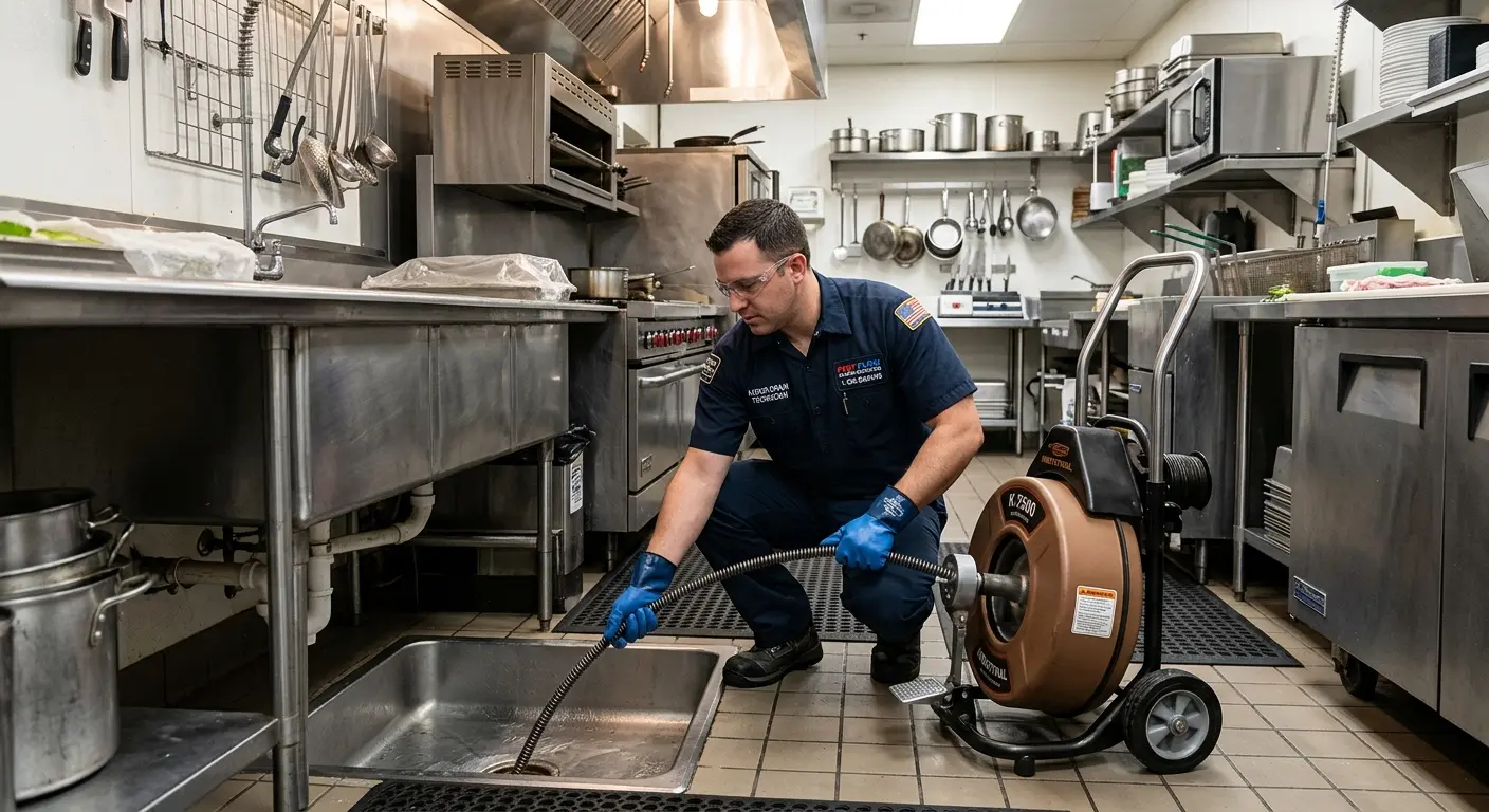 Commercial drain cleaning service in a restaurant kitchen in Carneys Point