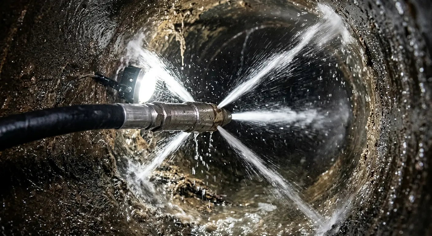 High-pressure hydro jetting nozzle cleaning sewer pipe for Emergency Drain Service in Carneys Point
