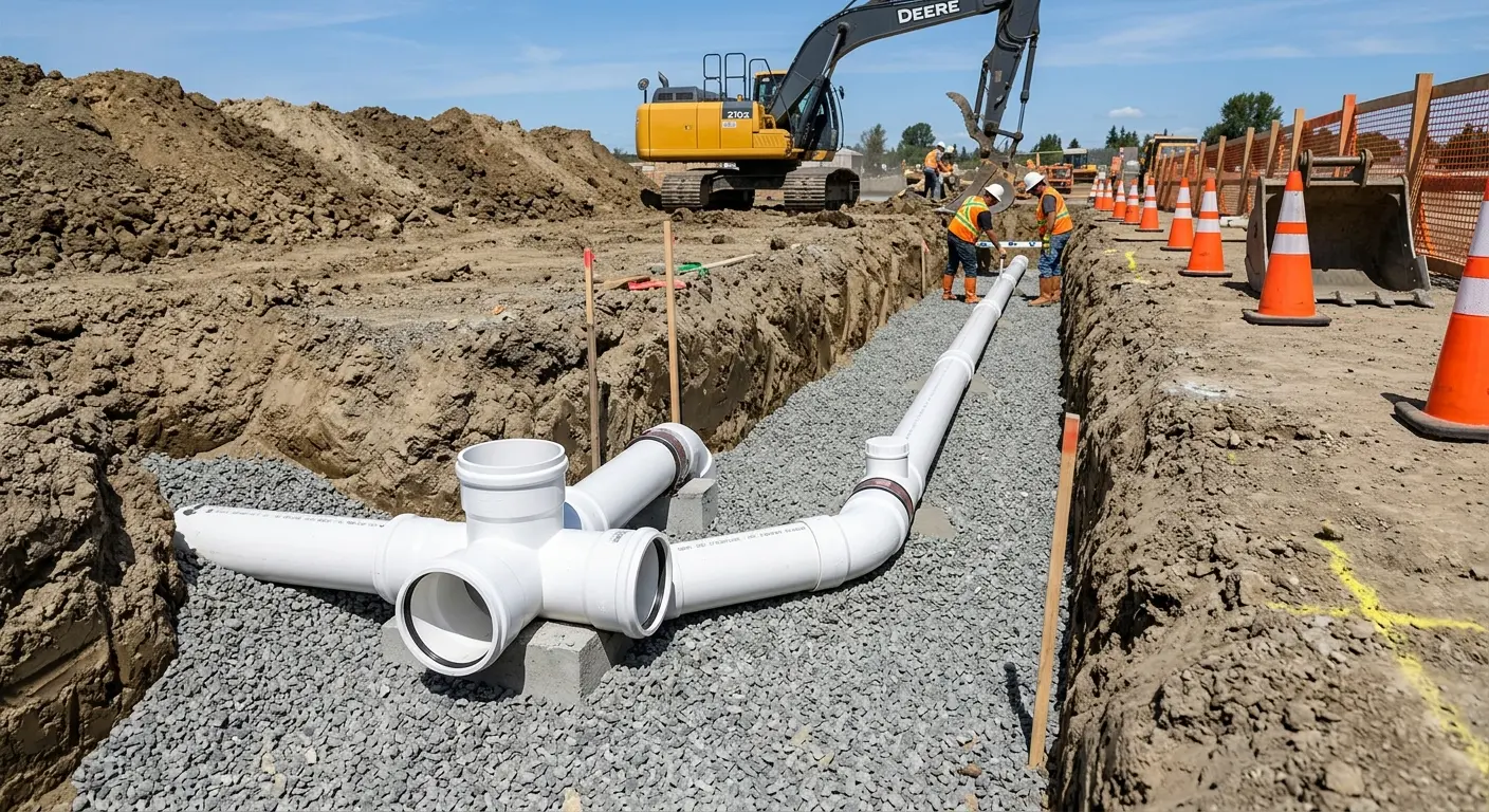 New PVC sewer pipe installation in open trench for Grease Trap Cleaning in Carneys Point