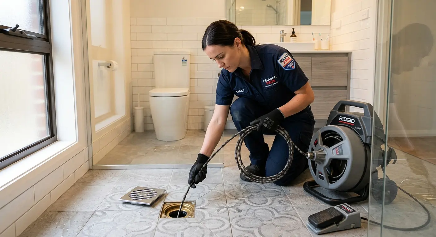 Technician clearing a bathroom floor drain for Sewer Line Replacement in Carneys Point